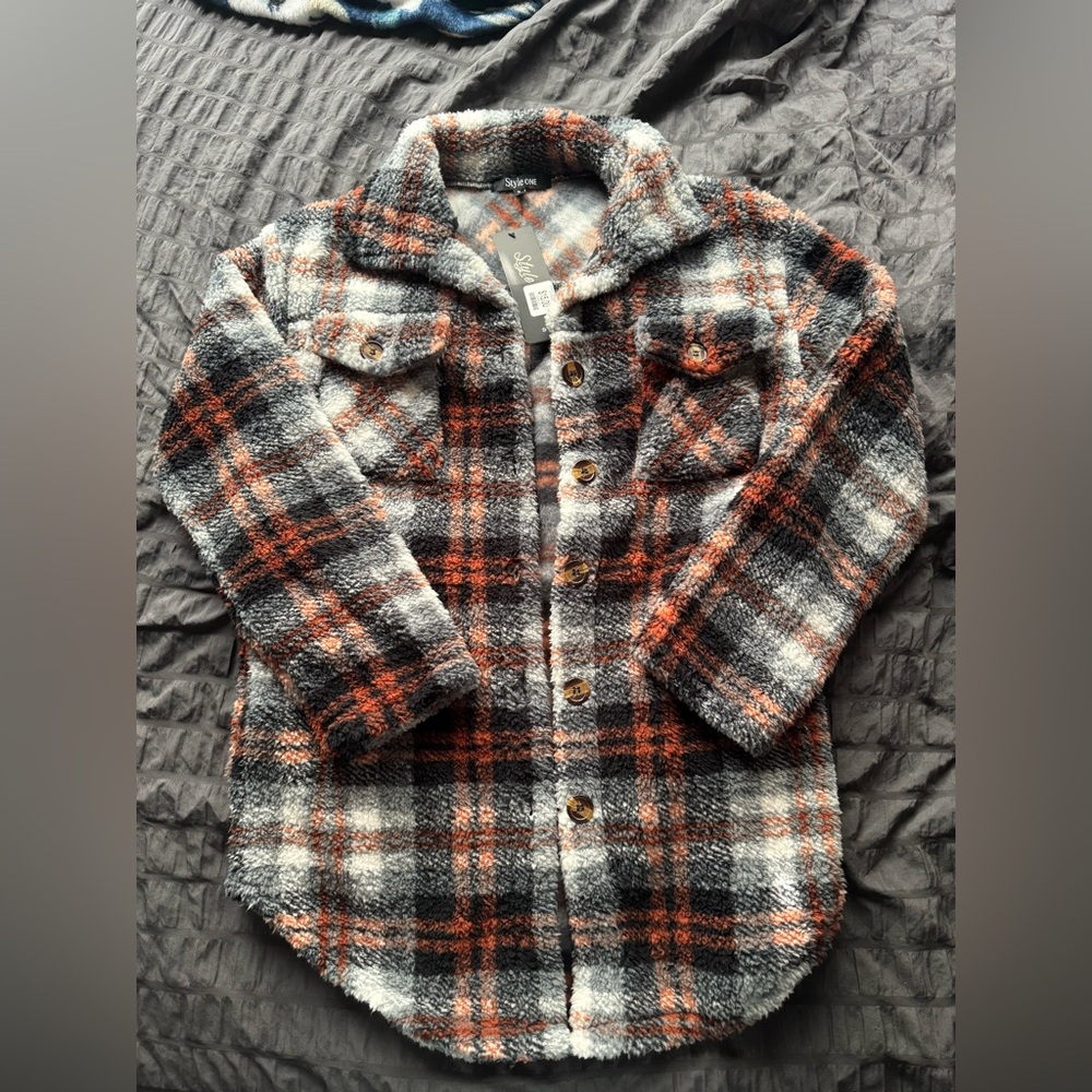 Plaid Teddy Jacket - Black, White, and Brown